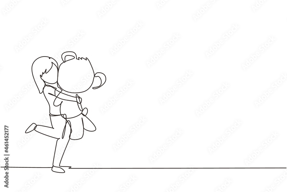 Single one line drawing portrait of expressive little girl hugging her plush bear friend. Little girl playing with teddy bear. Childhood, toys. Continuous line draw design graphic vector illustration Single one line drawing portrait of expressive little girl hugging her plush bear friend. Little girl playing with teddy bear. Childhood, toys. Continuous line draw design graphic vector illustration