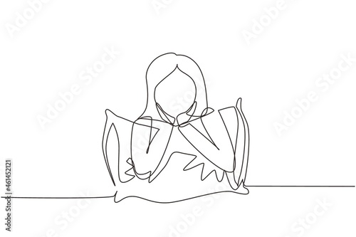 Continuous one line drawing sweet dream or sleep. Sleeping young girl hugs or holding pillow or overslept to work. Woman took sleeping pill for insomnia. Single line draw design vector illustration