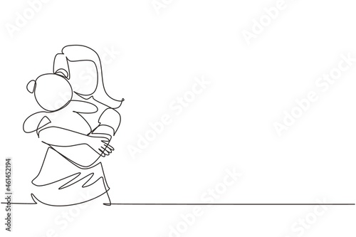 Single continuous line drawing cute teenage girl holding her teddy bear, young woman with teddy bear in hand. Young female hugging teddy bear stuffed animal. One line draw design vector illustration