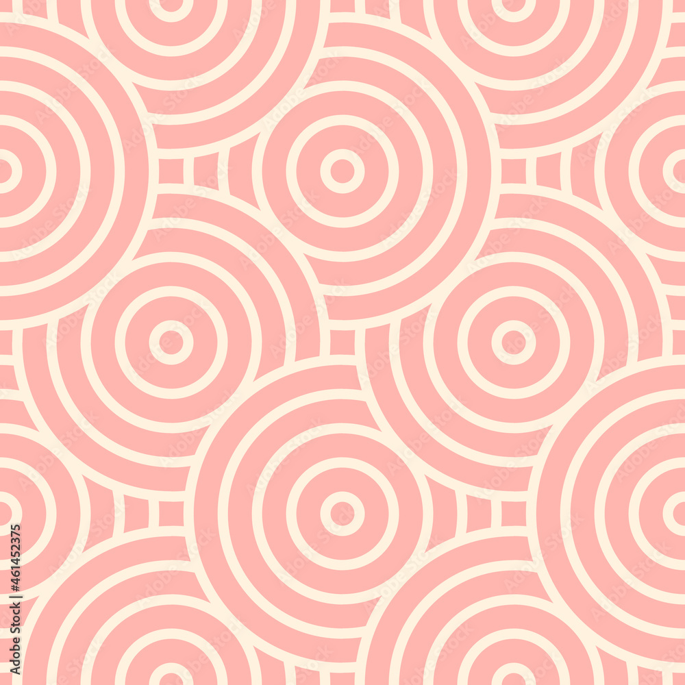 Geometric pink circles with an outline. Seamless pattern for trendy fabrics, decorative pillows, wrapping paper. 