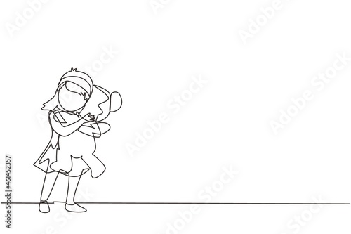 Single one line drawing cute little girl standing and hugging teddy bear. Portrait of expressive kid hugging her plush bear friend. Little girl playing. Continuous line draw design vector illustration