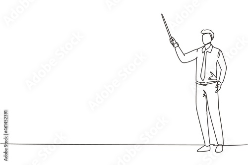 Single one line drawing male teacher, professor standing in front of class with pointer stick teaching lesson. School teacher in tidy shirt with tie. Continuous line draw design vector illustration