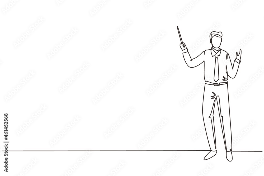 Continuous one line drawing school teacher. Man in tidy shirt, tie and standing with pointer. Lecturer, professor, instructor, businessman for educational. Single line draw design vector illustration Continuous one line drawing school teacher. Man in tidy shirt, tie and standing with pointer. Lecturer, professor, instructor, businessman for educational. Single line draw design vector illustration