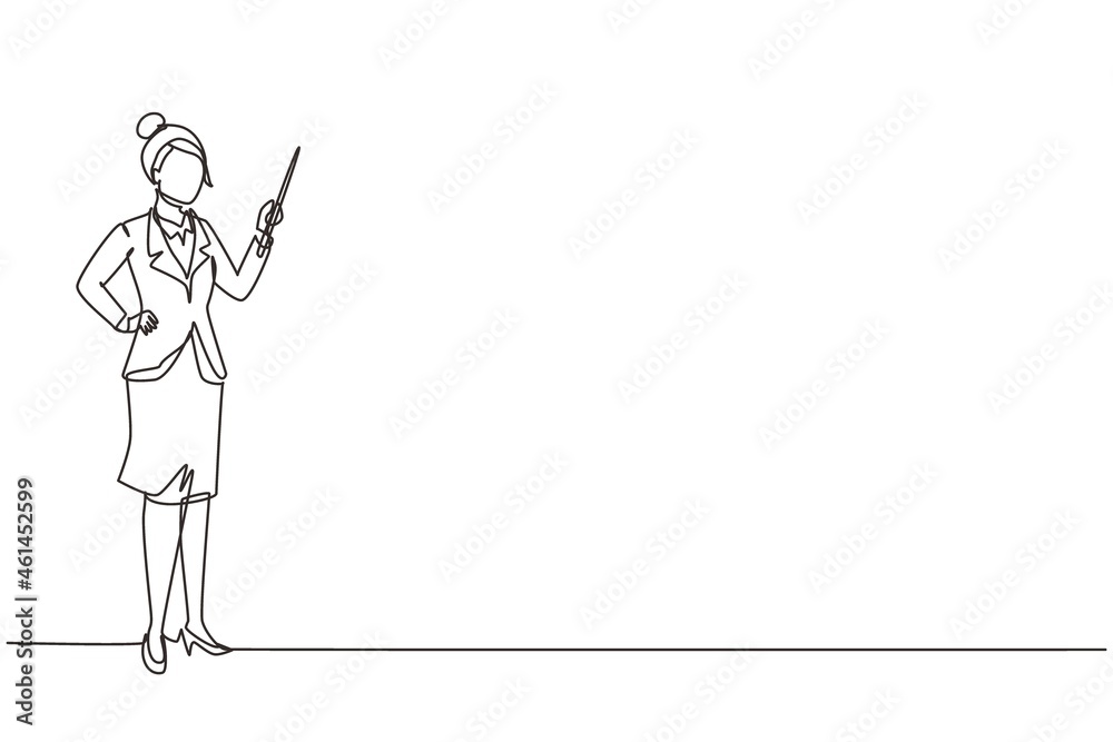 Single one line drawing confident woman teacher, mentor, trainer, business woman, manager, employee, wearing blazer indicating pointing with stick in hand. Continuous line design vector illustration