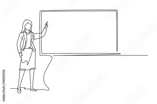 Continuous one line drawing woman teacher professor standing in front of blackboard teaching student in classroom. College class or university teacher teach in classroom. Single line design vector