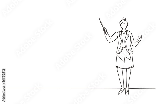 Single continuous line drawing school woman teacher standing with pointer. Lecturer, instructor, businesswoman for educational concepts, courses, trainings. One line draw design vector illustration