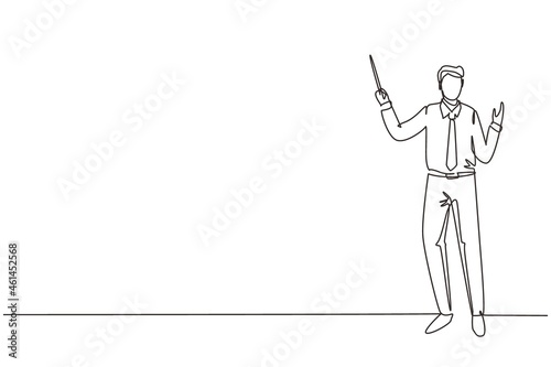 Continuous one line drawing school teacher. Man in tidy shirt, tie and standing with pointer. Lecturer, professor, instructor, businessman for educational. Single line draw design vector illustration