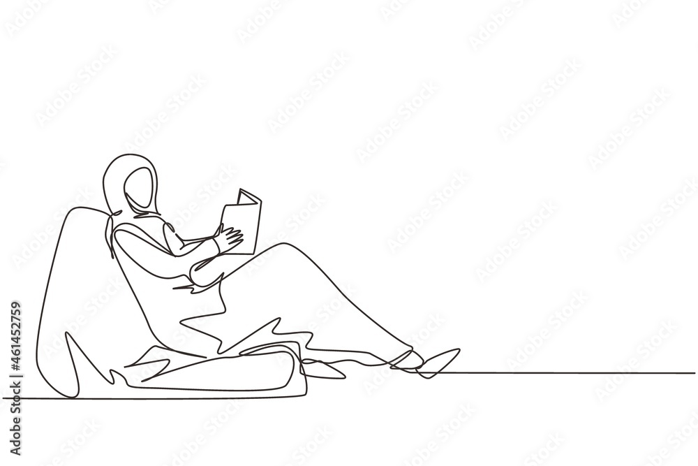 Continuous one line drawing Arab female on sofa in room reading book ...