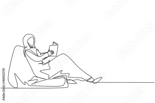 Continuous one line drawing Arab female on sofa in room reading book, having rest. Woman reads book on couch at cozy home. Girl sitting on sofa, reading book, resting. Single line draw design vector