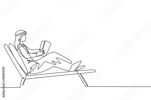 Single one line drawing reclined Arabian man reading book in lounge chair. Chill out time with good story concept. Smart male reader enjoying literature or studying. Continuous line draw design vector