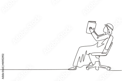 Single one line drawing Arab man reads book in chair. Side view of exiting process of learning by young male. Style of boy spending spare time by reading literature. Continuous line draw design vector
