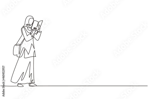 Continuous one line drawing young Arabian lady with hijab and trendy bag holding book. Girl reading function book or schoolbook. Student, bibliophile, literature fan. Single line draw design vector