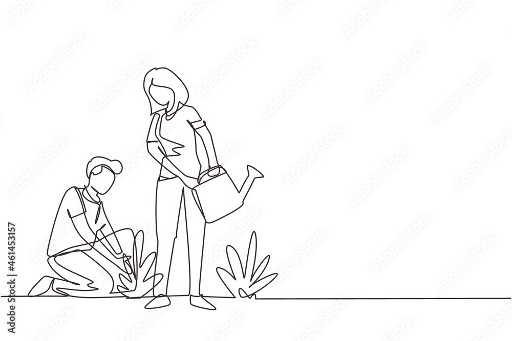 Continuous one line drawing man woman gardening plants. People growing plant, greens on soil, gathering harvest. Husband kneeling, wife with water can planting flowers. Single line draw design vector Continuous one line drawing man woman gardening plants. People growing plant, greens on soil, gathering harvest. Husband kneeling, wife with water can planting flowers. Single line draw design vector
