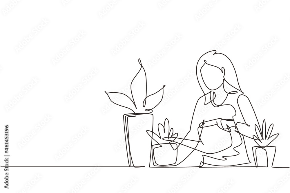 Single one line drawing woman watering houseplants at home. Home garden and house plants concept. Girl taking care of houseplants growing in planters. Continuous line draw design vector illustration