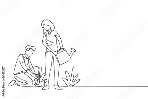 Continuous one line drawing man woman gardening plants. People growing plant, greens on soil, gathering harvest. Husband kneeling, wife with water can planting flowers. Single line draw design vector