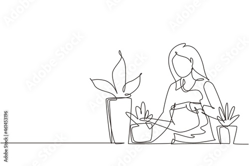 Single one line drawing woman watering houseplants at home. Home garden and house plants concept. Girl taking care of houseplants growing in planters. Continuous line draw design vector illustration