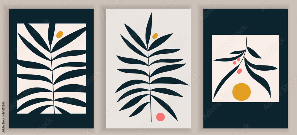 Collection of contemporary monochrome art posters. Abstract geometric elements and strokes, leaves and berries. Elegant black and white posters. Great design for social media, postcards, print.
