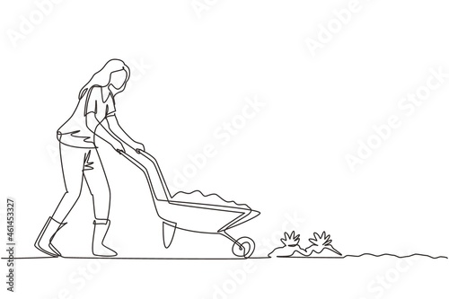 Single continuous line drawing young girl carrying wheelbarrow with plants and flowers outdoor. Home hobby. Garden work. Florist taking care of plant. One line draw design graphic vector illustration photo