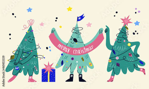 Set of funny decorated Christmas tree characters with faces, hands, legs. Hand drawn vector fir-trees showing emotions. Christmas and New Year print for greeting cars, T-shirt, posters.