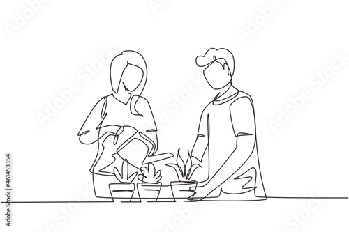 Continuous one line drawing man woman spraying and water flowers on shelf with watering can. Happy couple take care of home plants, flowers in pots enjoying gardening. Single line draw design vector