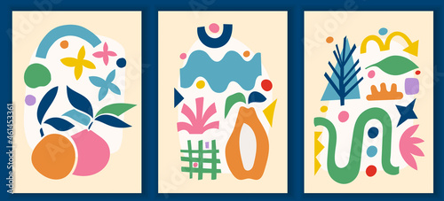Collection of contemporary art posters in vibrant colours. Abstract trendy geometric elements and organic and paper cut shapes, doodle objects. Great design for social media, postcards, print.