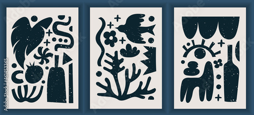 Collection of contemporary art posters in vibrant colours. Abstract trendy geometric elements and organic and paper cut shapes, doodle objects. Great design for social media, postcards, print.