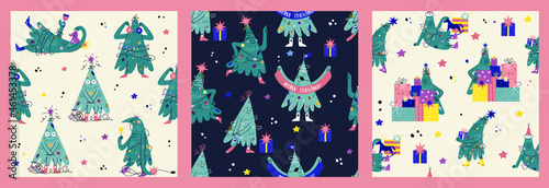 Set of seamless pattern with funny decorated Christmas tree characters with faces, hands, legs. Hand drawn backgrounds with fir-trees showing emotions. Xmas decorations, gifts, party on backdrop.