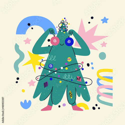 Funny decorated Christmas tree character with face  hands legs. Hand drawn vector fir-tree showing emotions. Christmas and New Year print for greeting cars  T-shirt  posters. Dancing cartoon Xmas tree