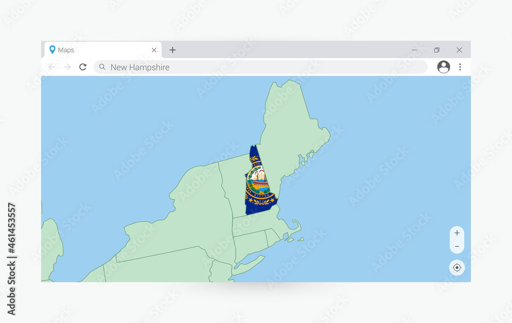 Naklejka premium Browser window with map of New Hampshire, searching New Hampshire in internet.