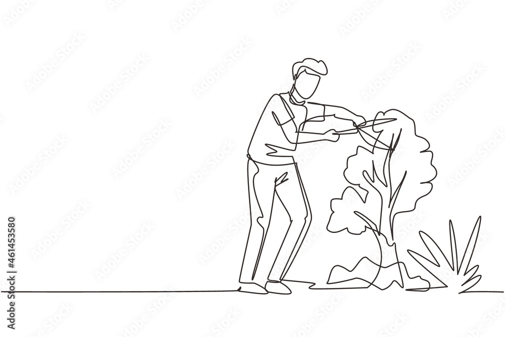 Single continuous line drawing gardener works in garden worker with scissors cuts green tree, takes care of plants agricultural worker. Spring gardening. Man planting. One line draw design vector Single continuous line drawing gardener works in garden worker with scissors cuts green tree, takes care of plants agricultural worker. Spring gardening. Man planting. One line draw design vector