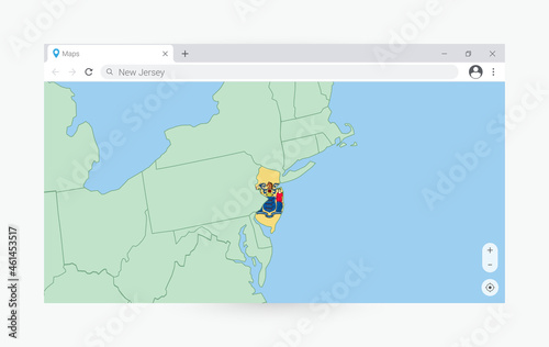 Browser window with map of New Jersey  searching  New Jersey in internet.