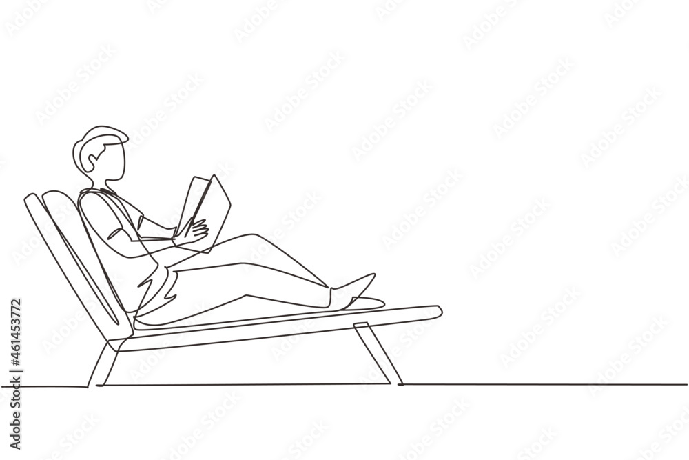 Single one line drawing reclined man reading book in lounge chair. Chill out time with good story concept. Smart male reader enjoying literature or studying. Continuous line draw design graphic vector Single one line drawing reclined man reading book in lounge chair. Chill out time with good story concept. Smart male reader enjoying literature or studying. Continuous line draw design graphic vector