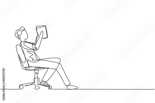 Single continuous line drawing boy reads book in chair. Side view of exiting process of learning by young male. Style of boy spending spare time by reading literature. One line draw design vector