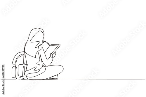 Single continuous line drawing education. Back view woman sitting on floor reading book. College student prepare to exam, back to school gaining knowledge. One line draw design vector illustration