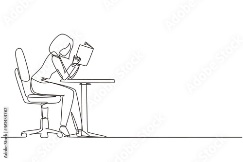 Single continuous line drawing girl student reading book in library or bookshop and sitting on chair at table. People read and study education or pupil learning lesson. One line draw design vector