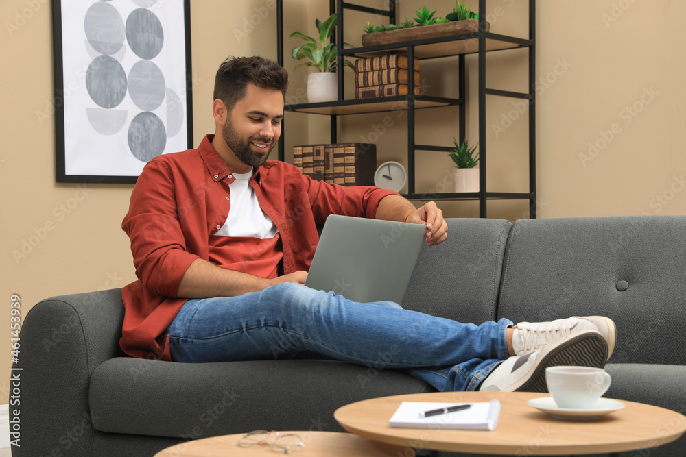 Man using laptop for online shopping at home Man using laptop for online shopping at home