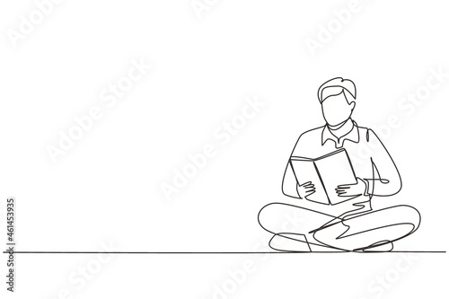 Continuous one line drawing man is sitting on floor reading book. Concept student is preparing for the exam, applicant is preparing for admission, book lover is reading. Single line draw design vector