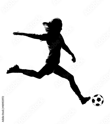 Women soccer player vector silhouettes on white background isolated. Silhouette of a woman kicking soccer ball, vector illustration