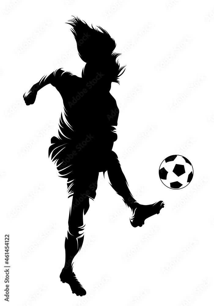 Women soccer player vector silhouettes on white background isolated. Silhouette of a woman kicking soccer ball, vector illustration Women soccer player vector silhouettes on white background isolated. Silhouette of a woman kicking soccer ball, vector illustration