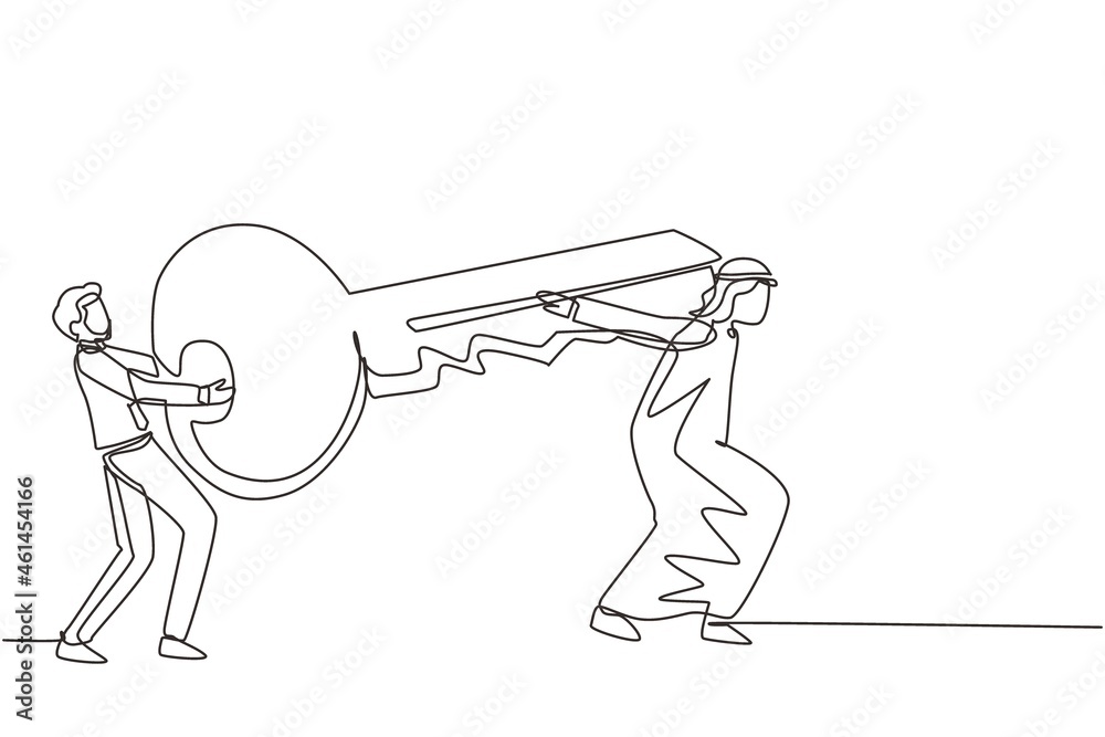 Obraz premium Single continuous line drawing teamwork, coworking, cooperation, partnership, business concept. Team of Arab businessmen partners coworker manager holding big key together. One line draw design vector