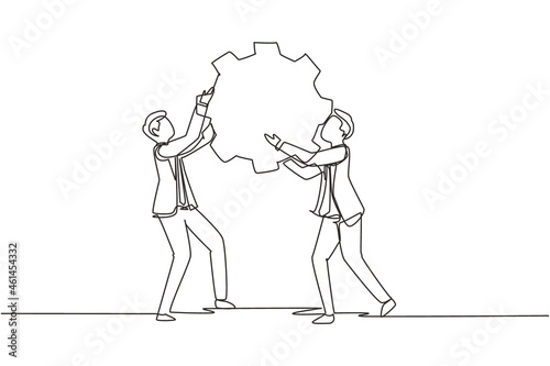 Continuous one line drawing two business men hold cogwheel work together ponder think strategy concept. Businessmen lifting gear. Collaboration. Single line draw design vector graphic illustration