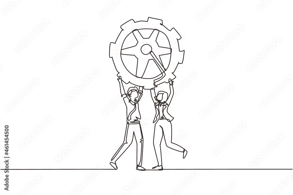 Single continuous line drawing collaboration. Man and woman