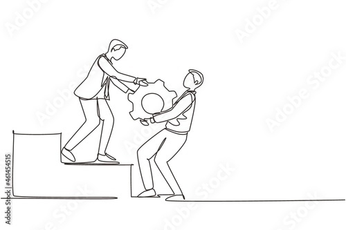 Continuous one line drawing businessman helping his partner to lifting cogs or gears on top of stairs. Teamwork, goal achievement, solution, success, winner concept. Single line draw design vector