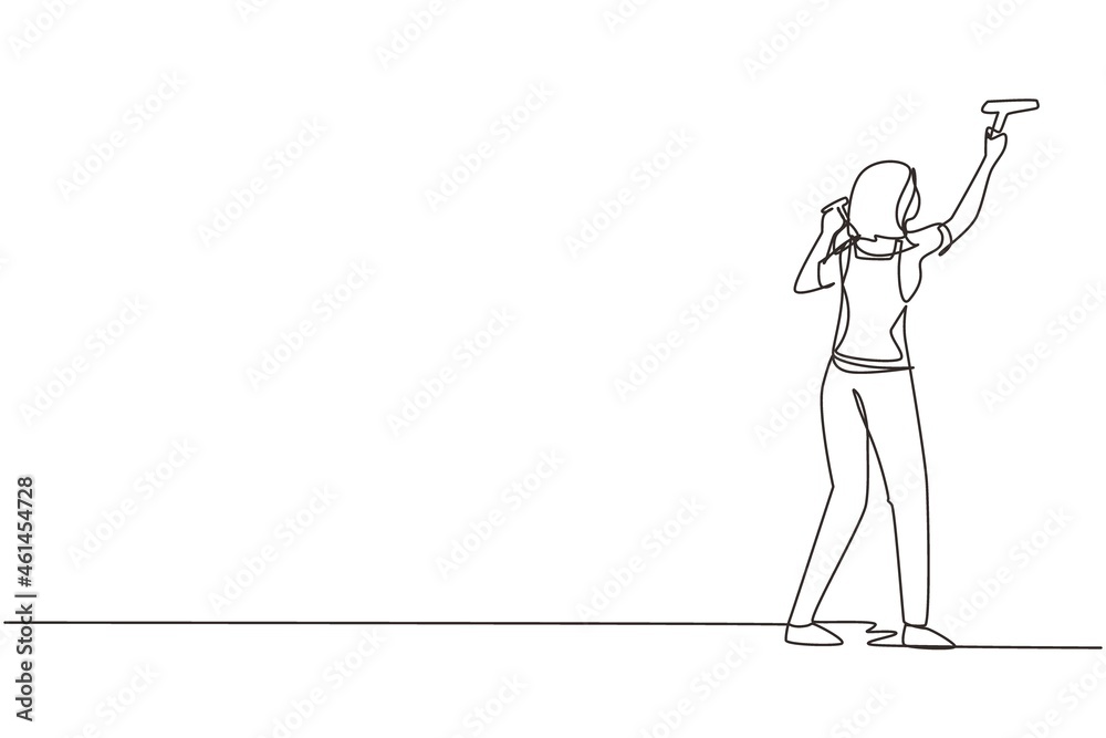 Single continuous line drawing woman janitors cleaners cleaning windows with cleaning tools. Professional employee of cleaning company working process. Dynamic one line draw design vector illustration