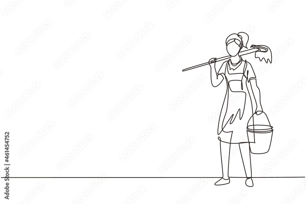 Vecteur Stock Continuous one line drawing woman mopping floor, female
