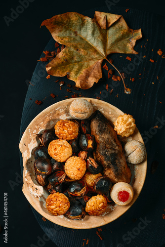 panellets and roasted sweet potato and chestnuts photo