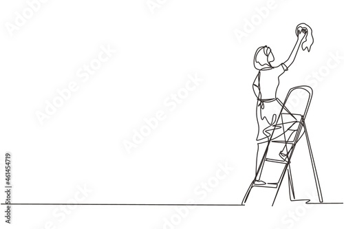 Continuous one line drawing window washer is cleaning window using squeegee. Housekeeping service. Woman cleaner standing on ladder and washing with sponge. Single line draw design vector illustration