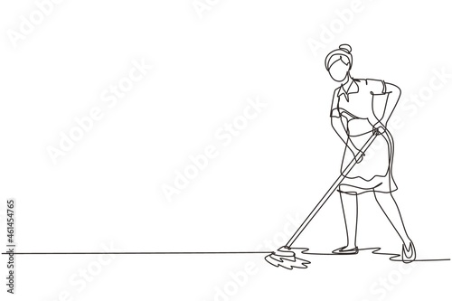 Single continuous line drawing woman mopping floor in uniform. Girl cleaner janitor cleaning office. Cleaning service, hospital disinfection. Cleaning workers. One line draw design vector illustration