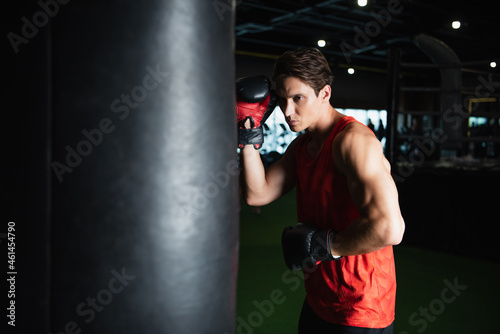 sportsman in boxing gloves training with punching bag in gym. © LIGHTFIELD STUDIOS
