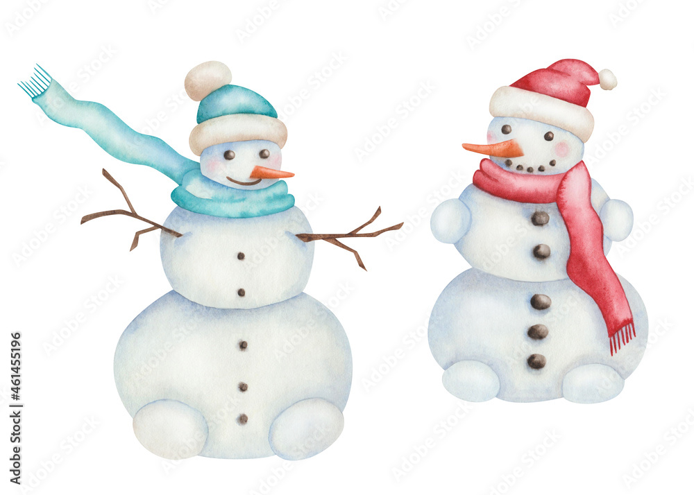 Watercolor illustration hand painted snowmen with red, blue hat, scarf isolated on white. Cartoon clip art snow character for holiday celebration New Year, Christmas design postcard, greetings, fabric
